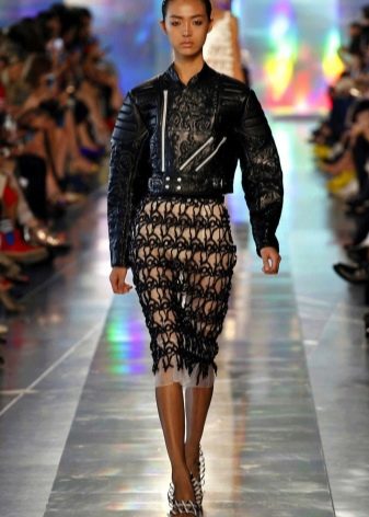 lace pencil skirt with leather jacket