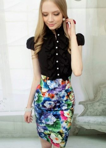 Floral pencil skirt paired with a black blouse
