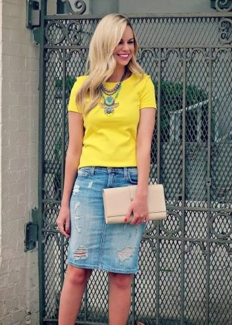 Denim pencil skirt with bright top