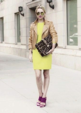 Light green dress with brown leather jacket