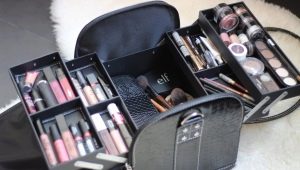A set of makeup cosmetics in a suitcase