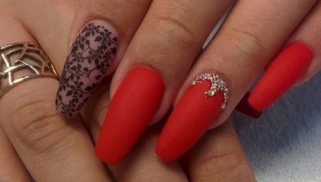 Design of red manicure for long nails