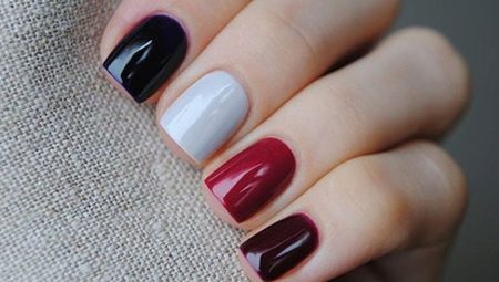 Multi-colored nail design on one hand: each nail is different