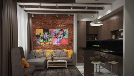 Interior design of a kitchen-living room in a loft style