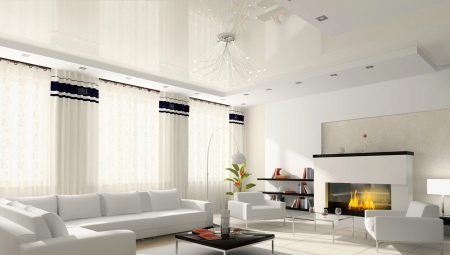 Stretch glossy ceilings for the hall: pros and cons, designs, colors, examples