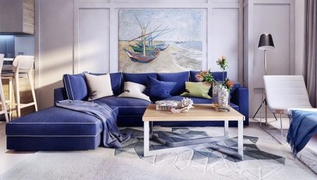 Blue sofa in the interior of the living room
