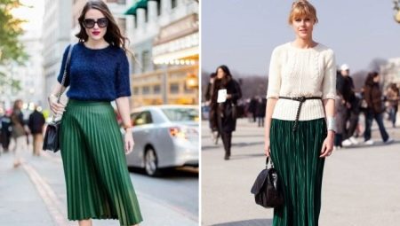 What can be combined with green pleated skirts?