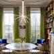 Green curtains in the interior of the living room