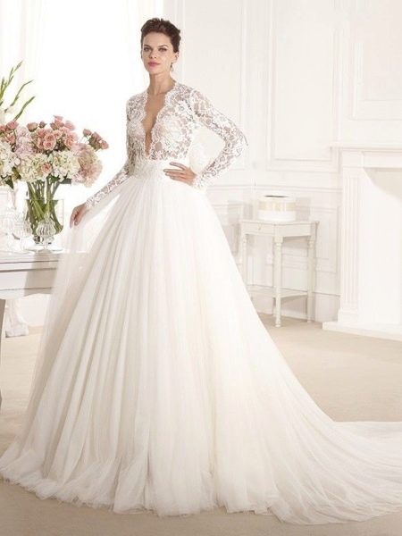 Puffy wedding dress with a deep neckline