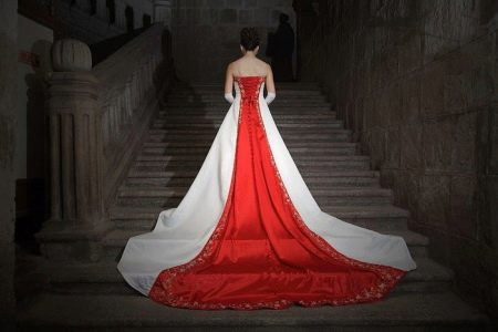 wedding dress with red element on the back
