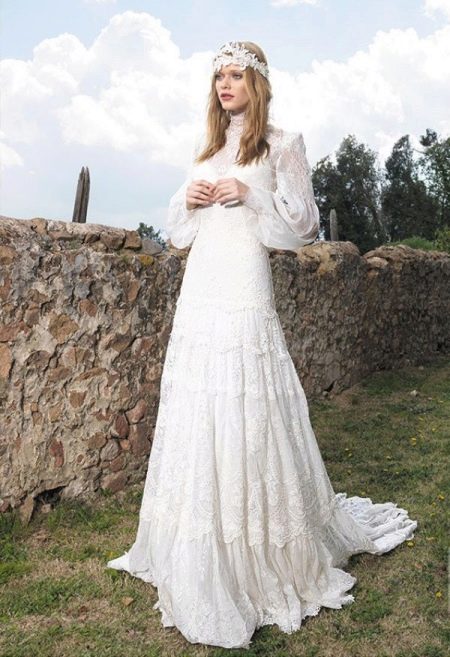 Close-up wedding dress with bishop sleeves