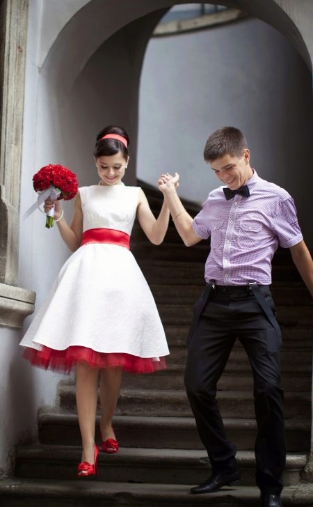 Wedding dress with red sash and petticoat