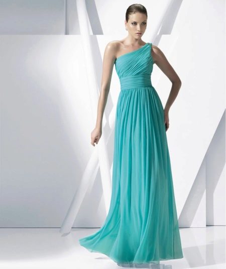 Evening greek dress on one shoulder turquoise