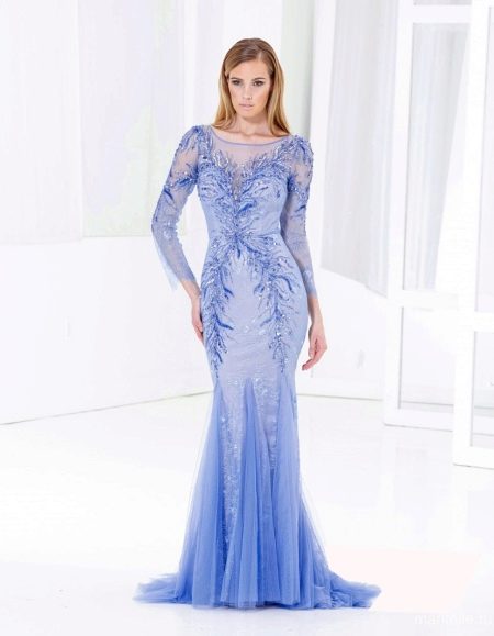 Light blue evening dress with fishnet sleeves