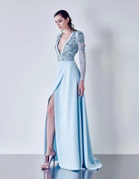 Floor-length evening dress with sleeves blue