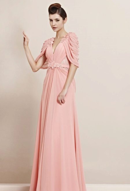 Floor-length evening dress with draped sleeves