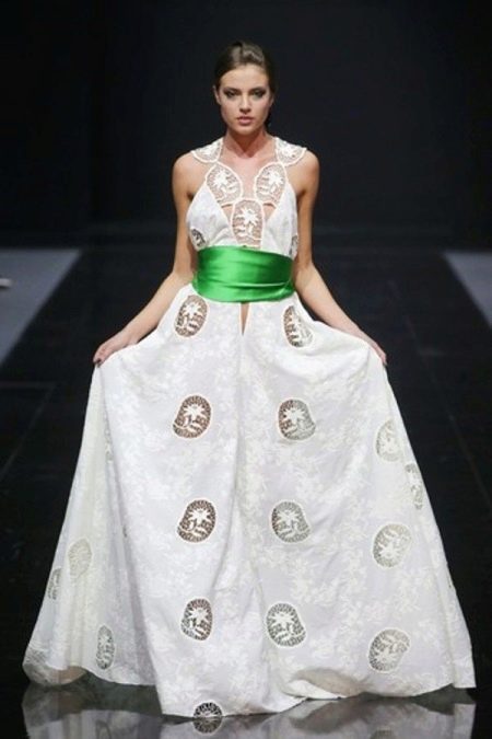 Evening cotton dress white with lace inserts