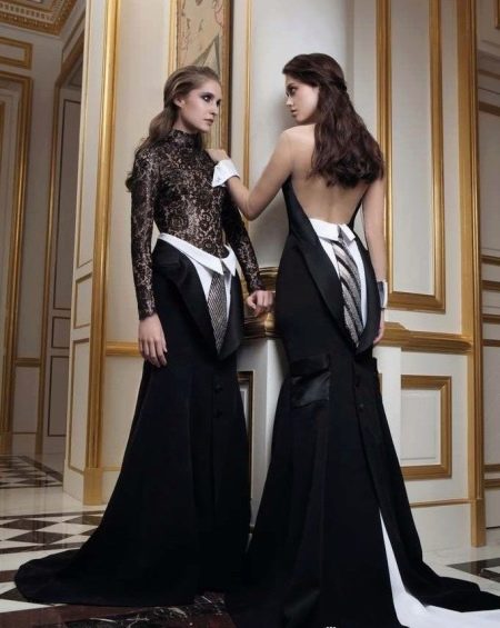 Evening dress with a fully open back white-black