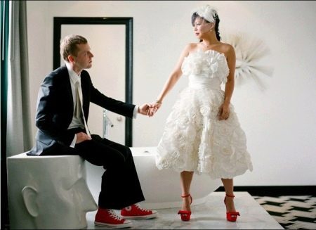 Short wedding dress with red shoes
