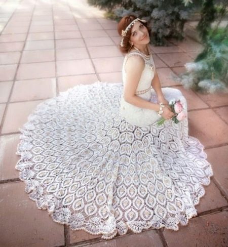 Crochet knitted wedding dress with train