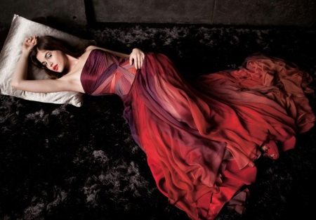 red draped chiffon dress