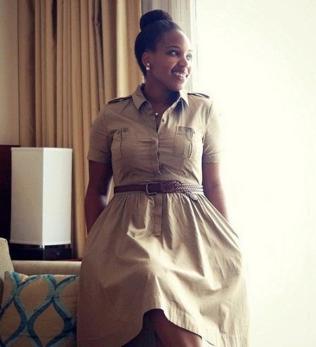 Beige safari dress with leather belt for plump