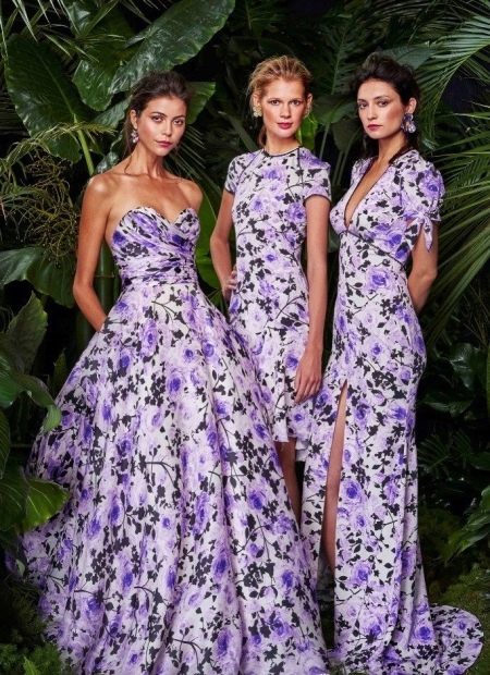 Floor-length white dress with blue floral print
