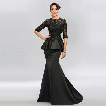Floor-length black evening dress with peplum