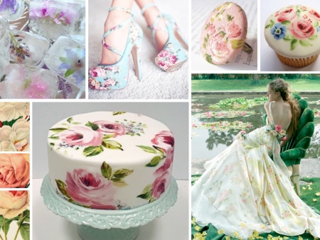 Floral print on wedding dress, shoes and cake
