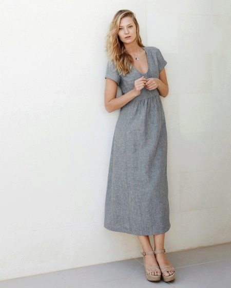 Linen dress of gray color midi length
