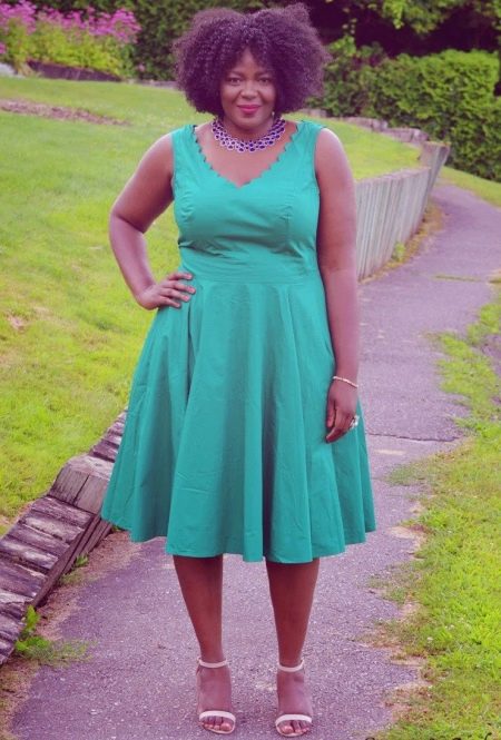 Open green dress with A-line silhouette for obese women