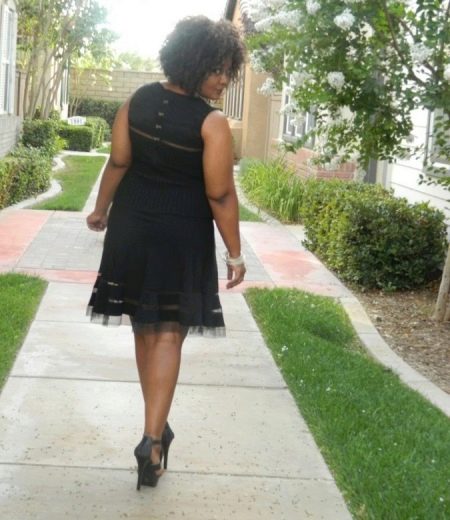Black office dress for plump and high-heeled shoes to him