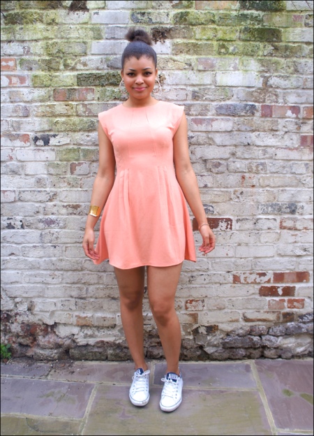Polyester dress paired with sneakers for summer