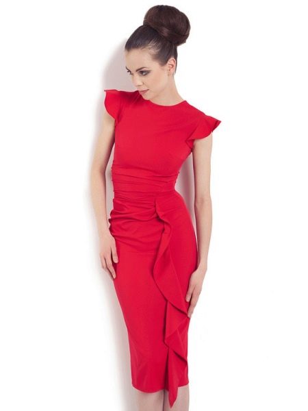 Red dress with one verlical flounce