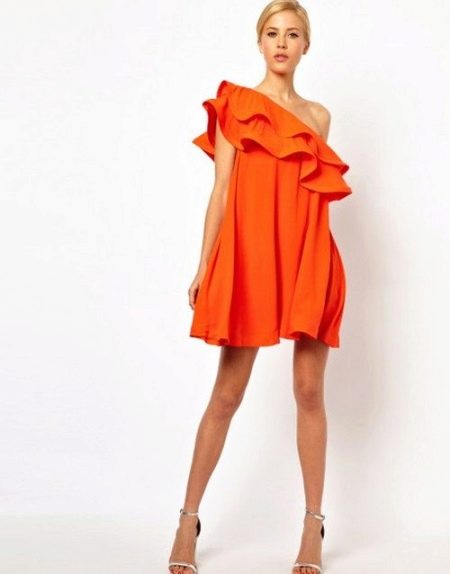 Dress with a flounce on one shoulder for a Pear (triangle) figure