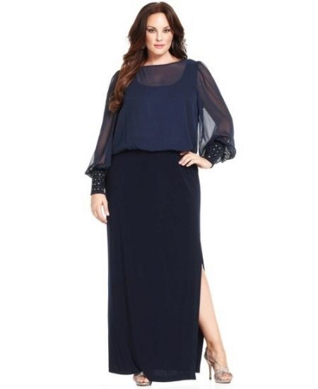 Office floor-length combined chiffon and jersey dress with long sleeves for obese women