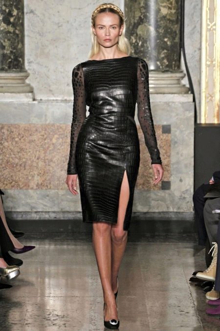 Leather dress with sheer sleeves