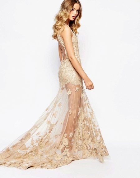 Beige floor-length dress with a transparent train