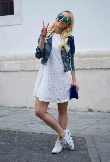 White lace dress with denim blazer