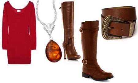 Brown accessories for a red sheath dress