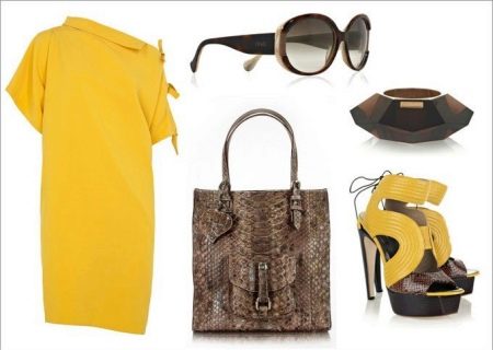 snake print yellow dress and accessories