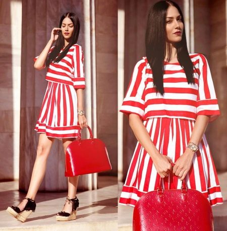 skirt and blouse with different direction of stripes